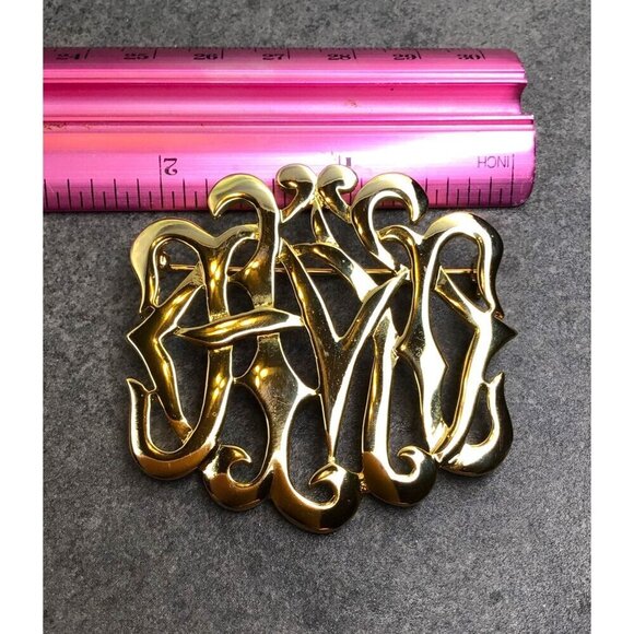 Gold Tone Brooch Signed MJENT Intricate Design Vintage Collectible Jewelry - Picture 4 of 4